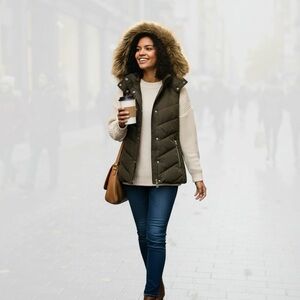 Olive Puffer Vest with Faux‎ Fur Hood size 8 Removable Hood Zip Up Button Front